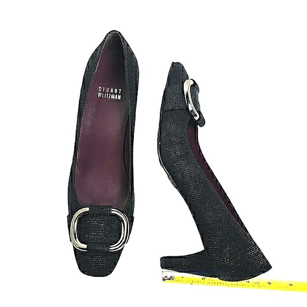 Stuart Weitzman Black Leather rubber sole embossed heel pumps square toe US 7.5